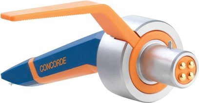 Ortofon Concorde MKII DJ-pickup, blå og orange, set fra siden, med børstet aluminiumshus og sfærisk nål