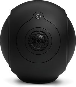 DEVIALET PHANTOM II 98 DB connected speaker, matte black, front view, ovoid shape, central circular glossy black speaker