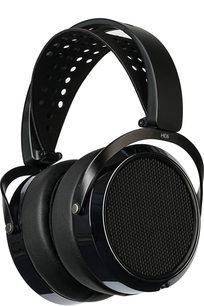 Hi-fi-hovedtelefoner Hifiman HE6 Remastered i sort med perforeret hovedbøjle og store ørekopper med cirkulært gitter