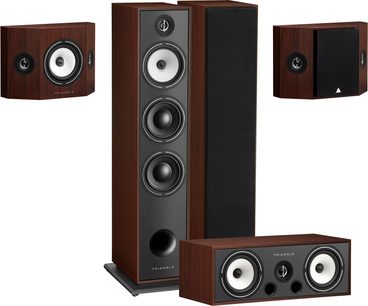 Pacchetto di diffusori a colonna in noce con 2 colonne BR08, 1 diffusore centrale BRC2 e 2 diffusori surround BRS1, finitura in legno e nero