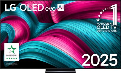 TV LG OLED83C5 nero, schermo piatto in vetro edge-to-edge circondato da una sottile cornice metallica nera satinata e posizionato su una base centrale discreta, vista frontale