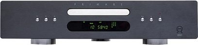 Front panel of the Primare CD21 audiophile CD player, dark gray brushed aluminum, green display, buttons