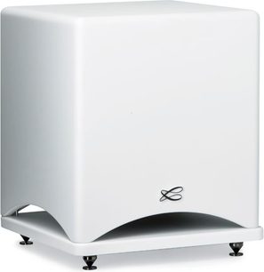 Cabasse Santorin 25 subwoofer i hvid, afrundet kubisk form, sort logo, på korte sorte ben