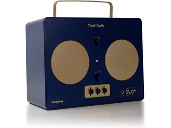 Draagbare Bluetooth-luidspreker Tivoli SongBook blauw/goud, blauw plastic behuizing, gouden metalen grilles en handvat, 3/4 voorzijde weergave