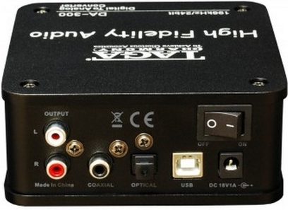 Taga Harmony DA-300 V.2 sort audio DAC-konverter, frontvisning, audio-stik og kontakt på forsiden