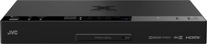 JVC XP-EXT1 sort Blu-ray-afspiller, set forfra, med HDMI-, USB- og andre stikforbindelser synlige på forsiden