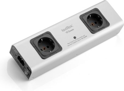 V5 GEMINI Power Strip, perspective view, 2 black power outlets, silver rectangular casing, switch and power inlet on the left