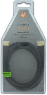 2 meter sort HDMI Connect Research CH20002-kabel i gennemsigtig plastikemballage med grøn etiket