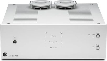 Hi-Fi-Verstärker Pro-Ject Amp Box RS2 silber, Vorderansicht, silberfarbenes Gehäuse mit zwei sichtbaren Röhren auf der Oberseite