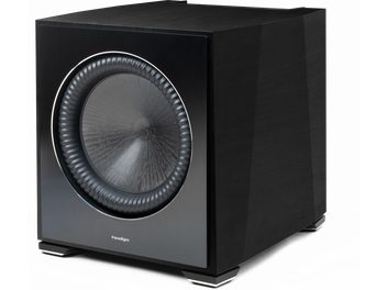 Paradigm XR 11 sort træbaskabin, set forfra, kubisk form, central rund højttaler, sort gitter