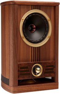 Diffusore da scaffale Fyne Audio Vintage Five, finitura in legno marrone, altoparlante nero e comando Presence dorato