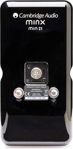 Kompakt højttaler Cambridge Audio Minx Min21 sort, set forfra, sort gitter, synlig højttalerenhed, tilslutninger på bagsiden
