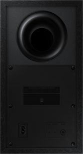 Samsung HW-Q60B/ZF sort soundbar, set forfra, med cirkulær midterhøjttaler, to knapper og to porte i bunden