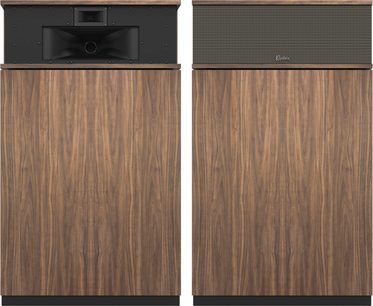 Sloupové reproduktory Klipsch Khorn AK7 v americkém ořechu s přední stranou s dřevěným povrchem a černým panelem s kompresním výškovým reproduktorem