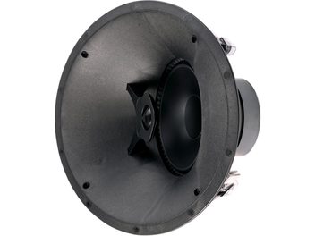Innfelt takhøyttaler E80-A v2, vinklet visning, svart sirkulær front, sentral diskant, kant med synlige skruer