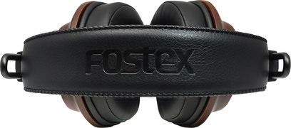Sort Fostex T60RP Mk2 hi-fi-hovedtelefon, polstret pandebånd i læder med Fostex-logo, brune ørepuder set fra oven