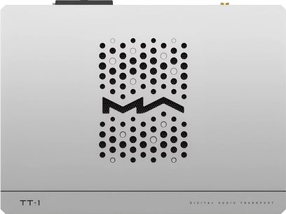 Ψηφιακός μεταφορέας Matrix Audio TT-1 ασημί αλουμινίου, άποψη από πάνω, ορθογώνια θήκη με κυκλικές μαύρες οπές που σχηματίζουν κεντρικό ζιγκ-ζαγκ μοτίβο