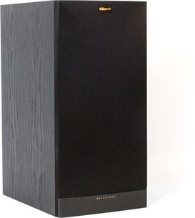 Klipsch RB-81 MkII sort bogreolhøjttaler, set forfra og fra siden, mørkt træhus, sort gitter med gylden logo