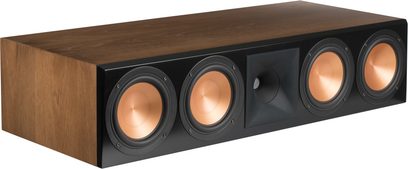Hlavní reproduktor Klipsch RC-64 III v ořechovém provedení, 4 kruhové měděné reproduktory v tmavém obdélníkovém dřevěném těle, pohled zepředu