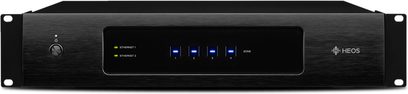Denon HEOS Drive HS2 svart flerkanalig effektförstärkare, framifrån, 4 Ethernet-portar, 5 upplysta blå lampor