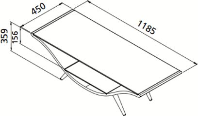 Lavt, rektangulært sort TV-møbel med udadvendte, skrå ben, mål 450 x 1185 x 359 mm
