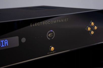 Stereo hi-fi-forstærker Electrocompaniet ECI-6 MKII sort, nærbillede forfra af tilslutningsmuligheder og oplyst, forgyldt logo