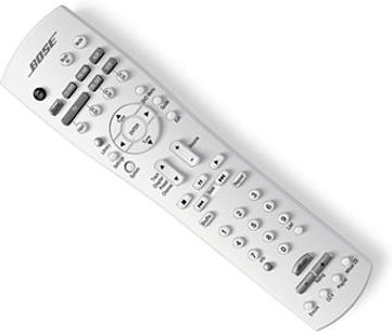 Hvid universal fjernbetjening fra Bose med numeriske taster, navigations- og kontroltaster til Lifestyle 38 hjemmebiografsystem