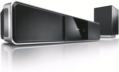 Philips HTS-6100 sort soundbar i sort med subwoofer, set forfra på hvid baggrund