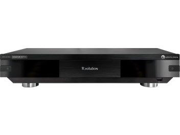 R_volution DIYX700 Signature Edition Multimedia-Player in Schwarz, Frontansicht, gebürstete Aluminiumfront, USB-Anschluss