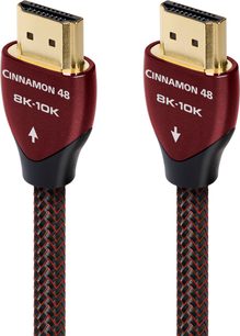 Dva kabla HDMI Audioquest Cinnamon 48 8K-10K temno rdeče in črne barve, zlati HDMI priključki, pogled od spredaj