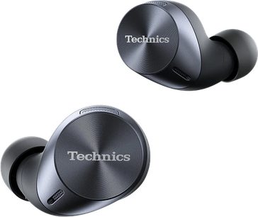 Åbent hi-fi hovedsæt Technics EAH-AZ60 i sort, set fra siden og forfra, blankt sort kabinet, ovale sorte ørepuder