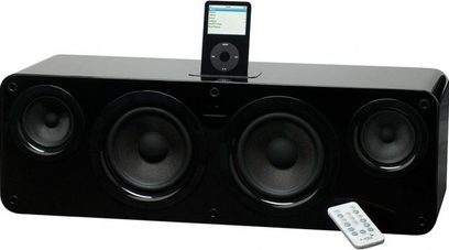 Sort Kanto SYD 4 alt-i-én stereoanlæg set forfra, 4 højttalere, fjernbetjening, iPod placeret ovenpå