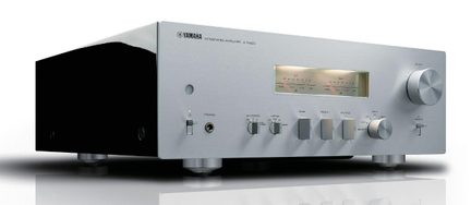 Yamaha A-S1200 Hi-Fi Amplifier in brushed silver with analog VU meters and multiple front panel controls