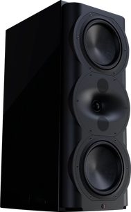 Enceinte bibliothèque Perlisten R5m, vue en angle, finition noire, 2 woofers circulaires, 1 tweeter central, grille acoustique fine