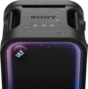 Bærbar Bluetooth-høyttaler Sony ULT TOWER 5 svart, forfra, grill opplyst i lilla og blått samt toppkontroller