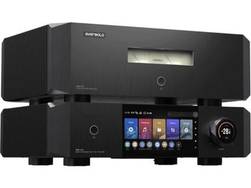 EverSolo AMP-F10 und DMP-A10 Hi-Fi-Verstärker, Vorderansicht, schwarzes Gehäuse, Touchscreen, Drehknopf