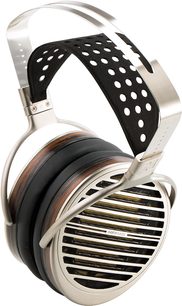 Cască hi-fi deschisă Hifiman Susvara, cu transductoare circulare, cușcă și carcasă din metal argintiu, grilă neagră cu găuri rotunde