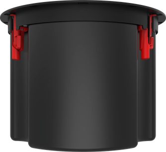 Vestavěný subwoofer PIC-800-T BW, boční pohled, černá válcová konstrukce, viditelné červené uchycení na stranách