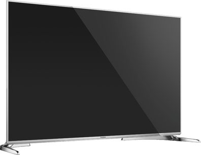 Panasonic TX-50DX750F TV, 50 tommer fladskærms LED-TV, set lidt fra siden forfra, smal sølvfarvet ramme, slukket