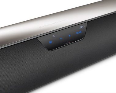 Bowers & Wilkins Panorama 2 sort soundbar set forfra med blå kontrolknapper øverst