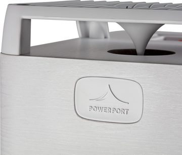 „Powerport" knygų lentynos garso kolonėlė, viršutinis vaizdas, iškilęs logotipas viršuje, šviesios medienos apdaila, stačiakampio formos