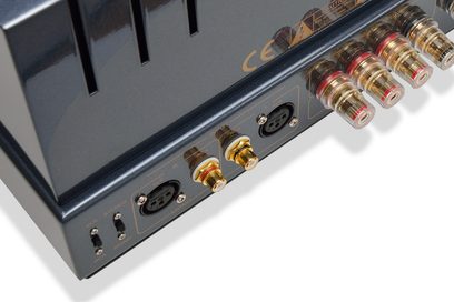 Primo piano della parte posteriore di un amplificatore PrimaLuna EVO 300 argento con connettori audio dorati e argentati