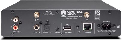 Cambridge Audio MXN10 nettverksmottaker i sølv, forfra, med bakpanelkontakter som Ethernet, USB og lydutganger