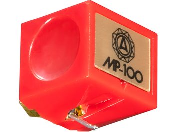 Nagaoka JN-P100 diamond stylus for turntable, glossy red plastic body with gold front plate stamped MP-100 and visible metal cantilever, three-quarter front view