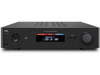 NAD C368 grafit stereo hi-fi-forstærker, sort front med rød display, knapper og stik set forfra