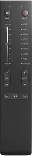 Telecomandă neagră, butoane de volum, selecție de intrare, redare, Bluetooth, mut, indicatoare LED, text alb