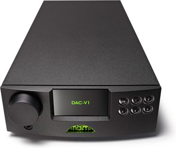 Naim Audio DAC-V1 sort digital-til-analog-konverter, frontvisning, grønt display, USB-porte og knapper