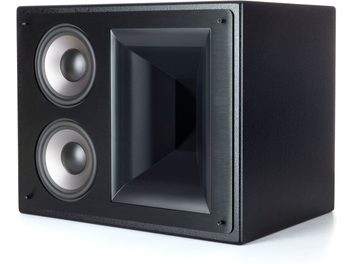 THX-5000-LCR Lautsprecher schwarz, Dreiviertelansicht, 2 silberne runde Lautsprecher, rechteckiges zentrales Horn