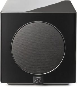 MartinLogan Abyss 8 subwoofer i sort højglans med cirkulært gitter og logo nederst på fronten