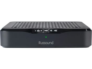 Amplificatore hi-fi stereo Russound MBX-AMP, pannello frontale nero, griglia di ventilazione, pulsanti, display LCD, design sobrio